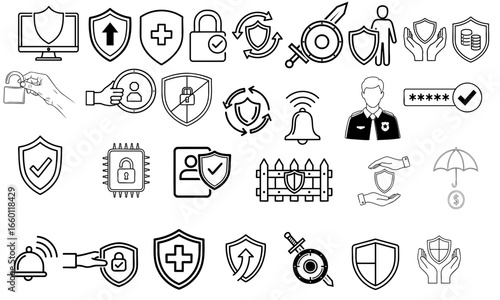 A collection of security and protection icons featuring shields locks hands and other related symbols designs
