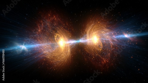 Vivid visualization of two neutron stars merging with bright golden orange and blue energy jets, cosmic debris,