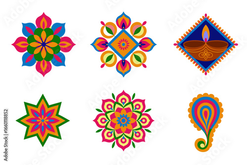 Photos Mandala and paisley motifs, festive rangoli badges, bright decorative icons, cel