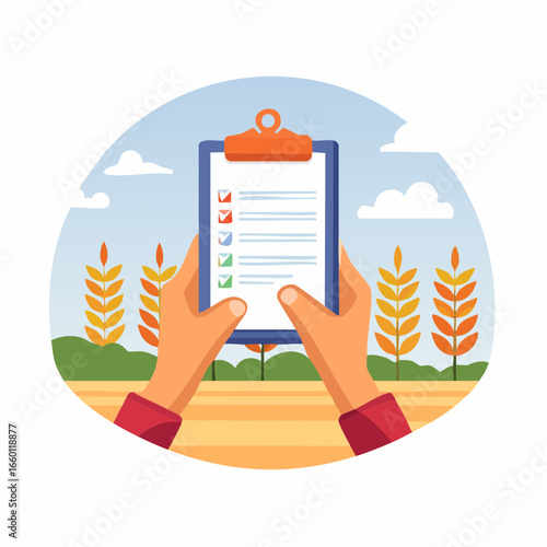 Hands Holding Clipboard With Checklist In Farm Setting