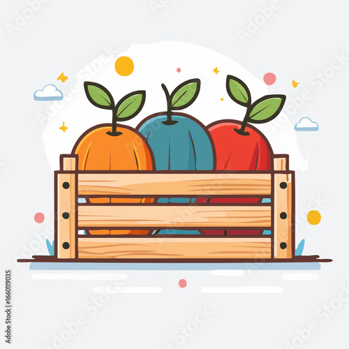 Colorful Fruits In Wooden Crate Illustration