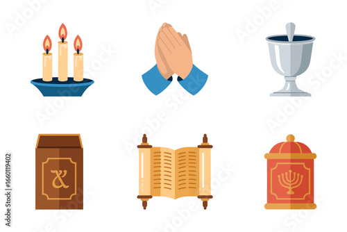 Jewish holiday objects, candles prayer hands kiddush cup Torah scroll charity box, worship vector icons