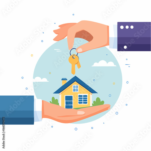Hands Delivering House Keys In Flat Design Illustration
