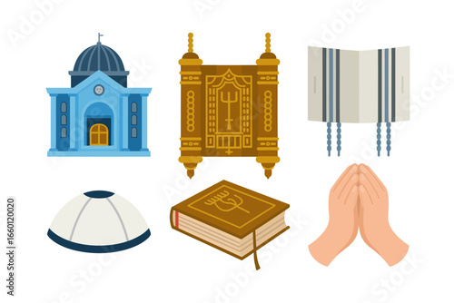 Blue synagogue with ark, tallit kippah prayer book and hands, tradition vector icons