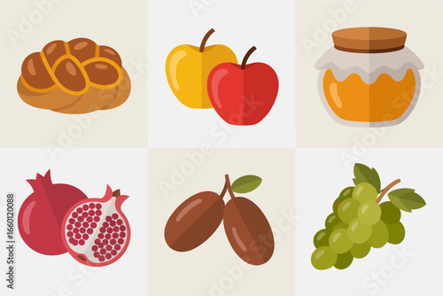 Rosh Hashanah foods, round challah apples honey pomegranate dates grapes, holiday vector icons