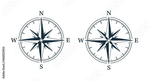 Two compass roses with north south east and west directions