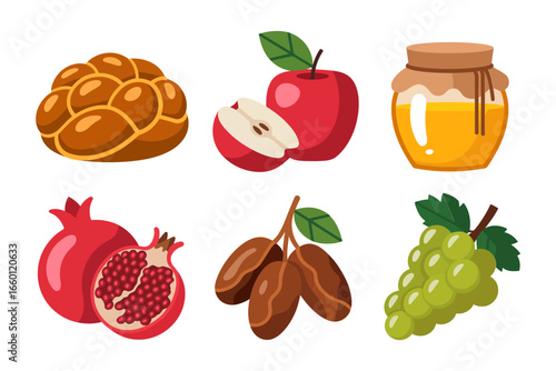 Holiday fruits and sweets, challah apple honey pomegranate dates grapes, celebration food vector set
