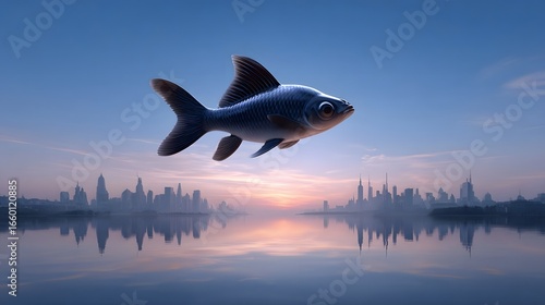 Wallpaper Mural Surreal fish swimming above a city skyline reflection Torontodigital.ca