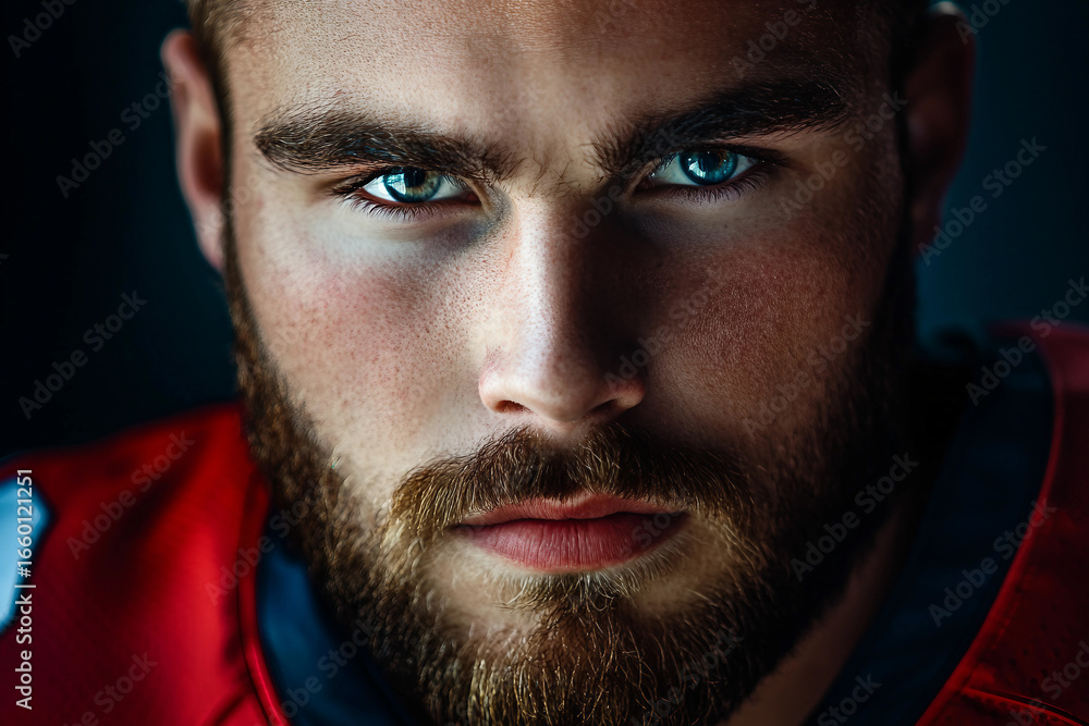 Obraz premium Close-Up Portrait of a Determined American Football Player Wearing Helmet, Generative AI art