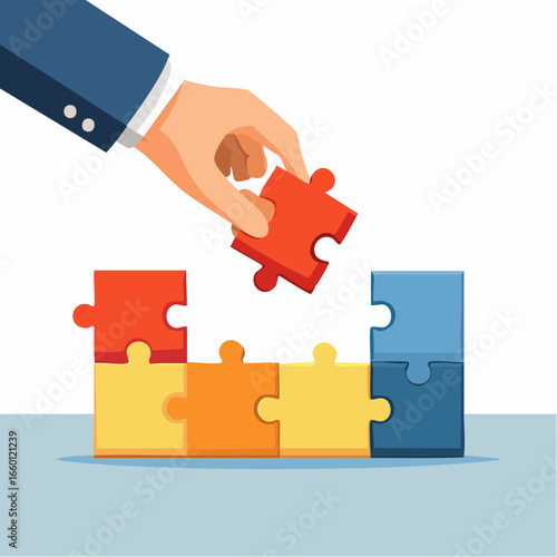 Hand Placing Puzzle Piece In Colorful Puzzle