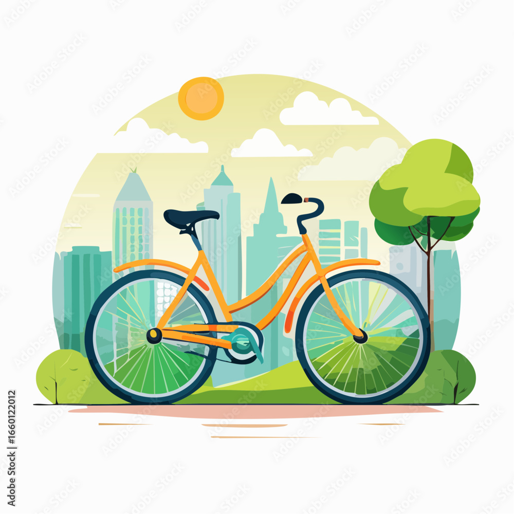 Naklejka premium Urban Bicycle Illustration With Green Cityscape And Sunny Day