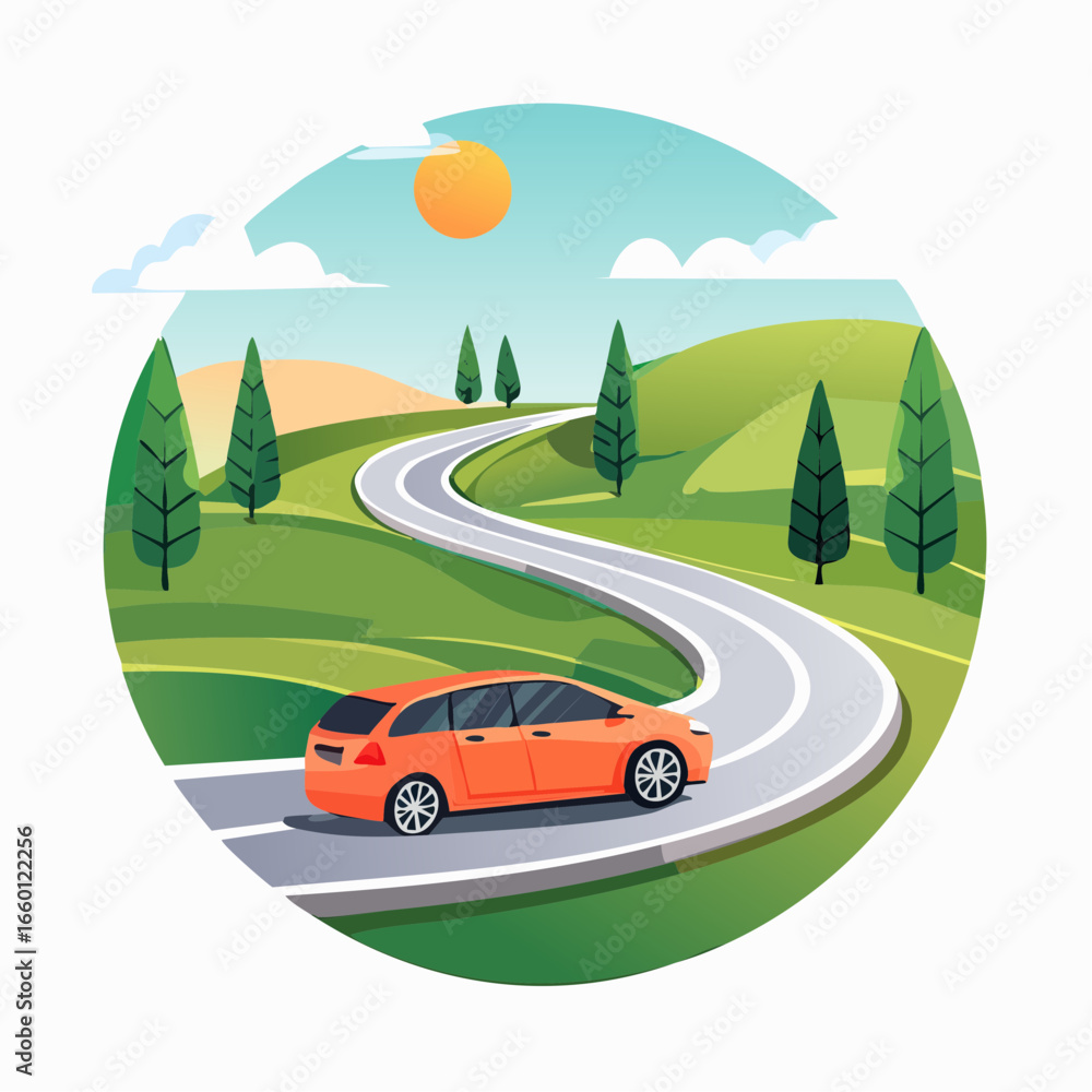 Obraz premium Scenic Winding Road With Orange Car In Cartoon Landscape