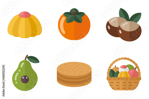 Harvest festival food icons, pear persimmon rice cake chestnut, autumn treats basket, celebration vector set