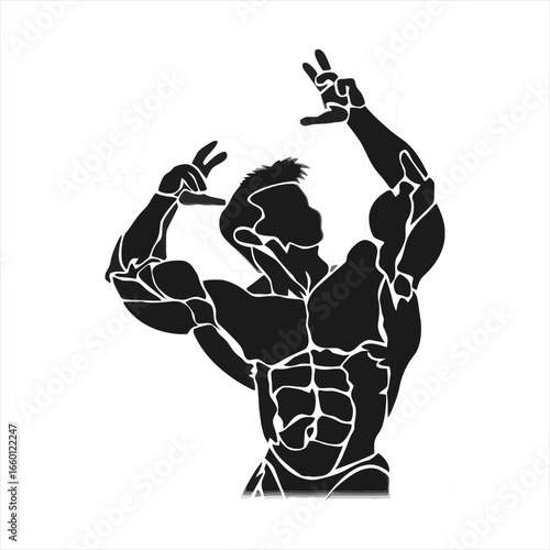 Silhouette of a muscular bodybuilder striking a powerful pose, showcasing defined muscles and athletic physique.