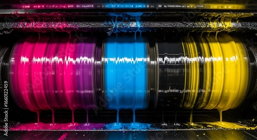 Dynamic cmyk ink distribution illustrating vibrant chromatic intensity and viscosity