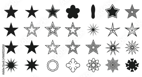 Collection of various star and flower shapes in black and white