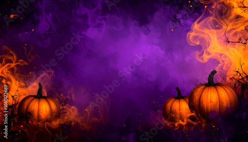 Enchanting Halloween Night Background with Glowing Pumpkins Amidst Eerie Purple Smoke and Fiery Orange Hues