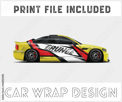 Yellow Car Wrap Design with Grunge Graphic and Red Accent Stripes