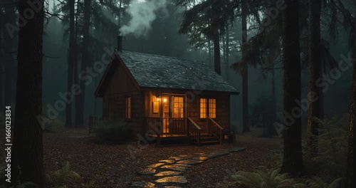 Cozy wooden cabin glowing with warm light in misty forest on rainy evening