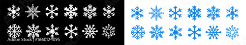 Set of geometric detailed snowflakes in blue and white colors, winter decoration vector for holiday and Christmas design.