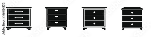 Chest of Drawers Silhouette Icon Set Isolated on White Background – Dresser Vector Illustration for Bedroom Furniture, Storage, Home Interior Design, Organization, and Modern Decor Concepts