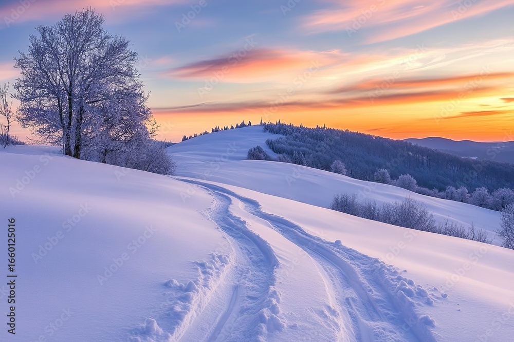 A serene winter landscape features snow-covered hills with ski tracks leading towards a stunning sunrise, surrounded by frosted trees. A serene winter landscape features snow-covered hills with ski tracks leading towards a stunning sunrise, surrounded by frosted trees.