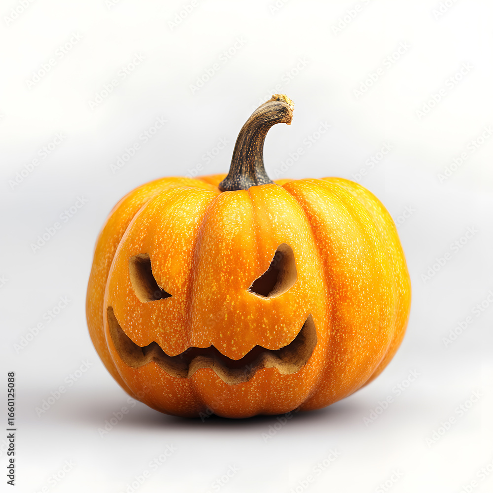 Obraz premium Carved Halloween pumpkin with narrow eyes and crooked scary smile, isolated on white background.