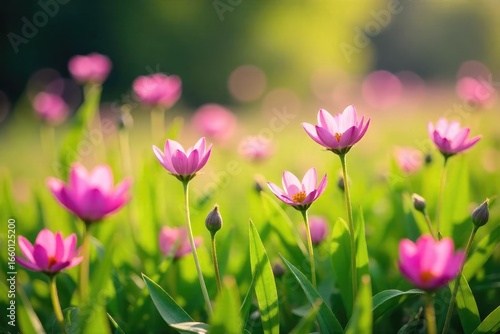 Close-up of delicate pink wildflowers blooming in a lush green meadow, sunlight filtering through leaves A vibrant display of natural beauty, perfect for spring or summer themes , meadow, macro