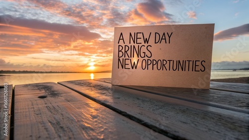Inspirational Sunrise Message on Wooden Table Near Water Body