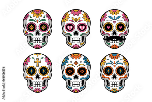 Colorful sugar skull icon set, decorated skulls with flowers and hearts, mexican folk art, day of the dead theme, fiesta vector clipart, celebration graphics collection