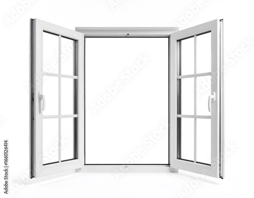 Photorealistic mockup of a sleek white casement window with thin frames, both panels wide open with a blank isolated background.