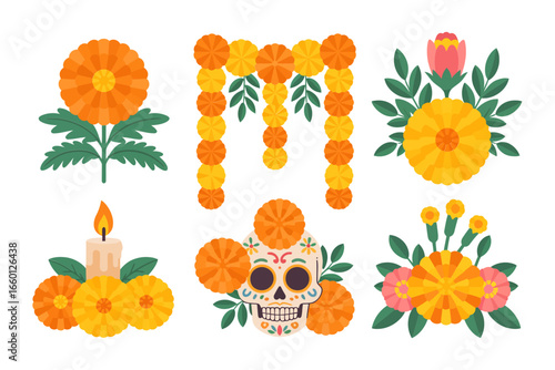 Marigold arch and garlands, altar flower decorations, ofrenda elements, candles and leaves, day of the dead vector set, festival clipart