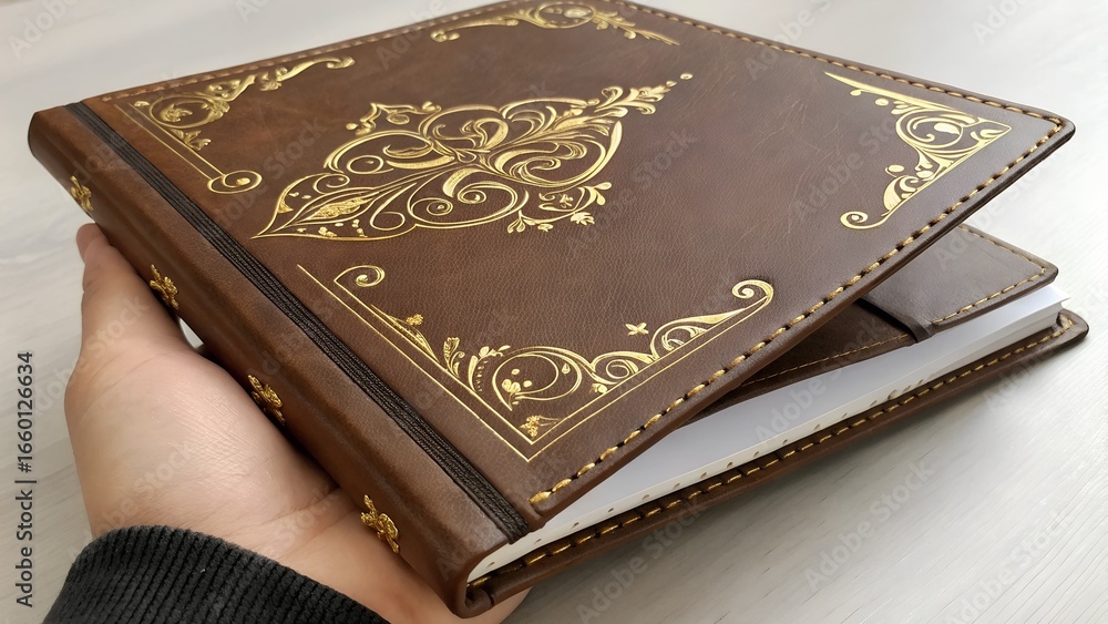 Fototapeta premium Elegant Brown Leather Album with Decorative Gold Flourishes Design