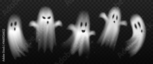Collection of transparent ghosts, realistic silhouettes in various poses isolated background. Happy, angry, emotions, spooky faces, mystic creatures, monsters, horror spirits for halloween decoration.