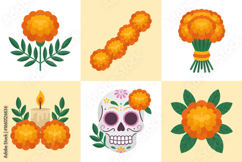 Marigold flower blocks with skull, square tiles layout, ofrenda floral art, festive decoration icons, day of the dead vector collection