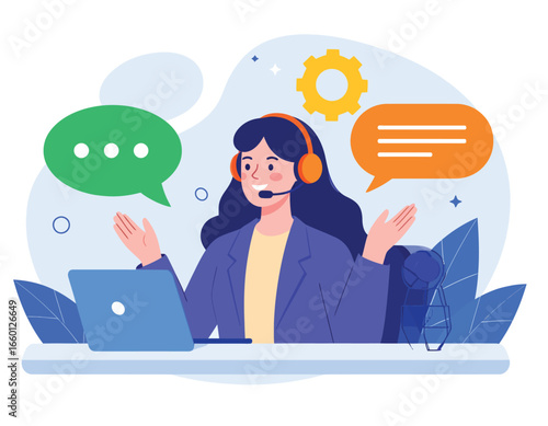 Customer support illustration featuring a friendly female agent with a headset working on a laptop at a helpdesk.