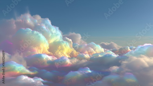 Wallpaper Mural Brilliant iridescent rainbow colors illuminate fluffy clouds in a tranquil blue sky at holographic sunrise Torontodigital.ca