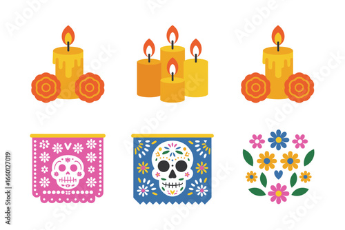 Candle and papel picado set, bright banners and lanterns, ofrenda decorations, day of the dead vector, fiesta illustration elements, collection