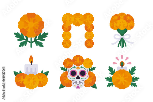 Marigold arrangements with skull and candle, floral garlands, altar decor, day of the dead celebration, festival vector icons, cultural clipart