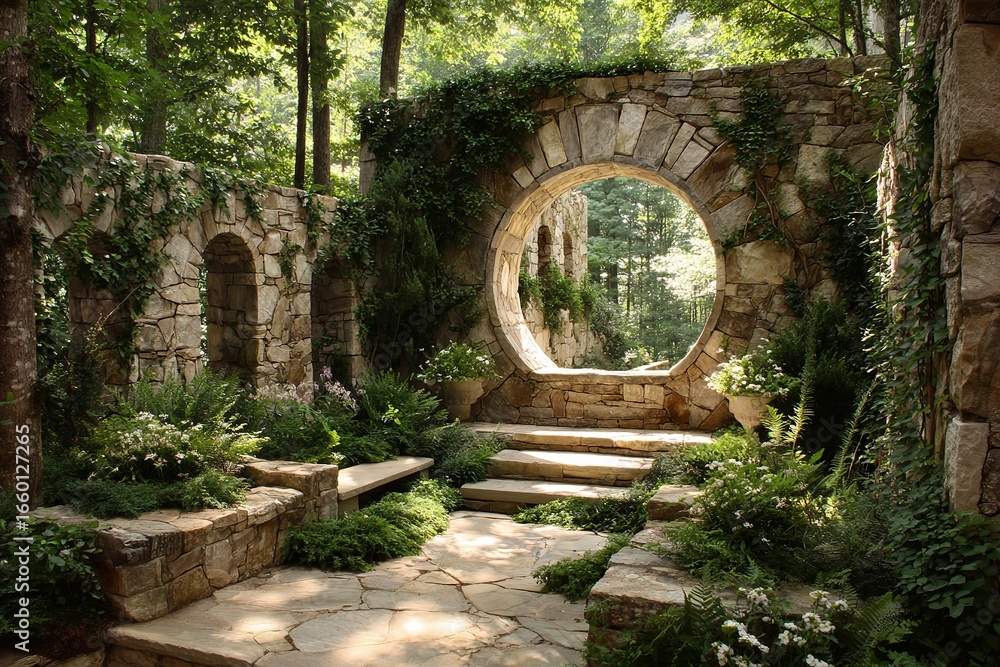 Obraz premium An outdoor stone structure with steps leading into a garden area is captured. 