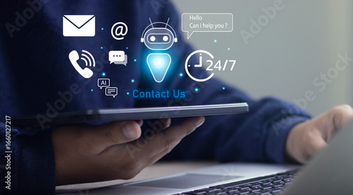 AI chatbot technology provides 24/7 online customer support via a futuristic digital interface. A professional interacts on a tablet, symbolizing a modern, tech-driven business solution.
