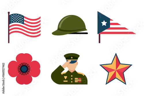 Patriot remembrance icons, national flags helmet poppy star, soldier portrait, memorial day theme, honor and service, vector clipart collection, elements