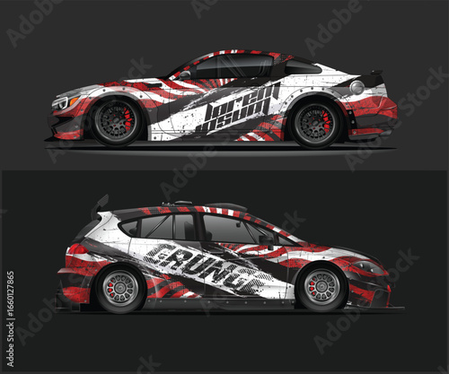 Two Cars with Racing Livery and Grunge Design on a Dark Background