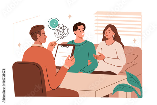 Family counseling therapist consulting a couple to improve their relationship, build trust, communication. Psychological help concept. Vector illustration.