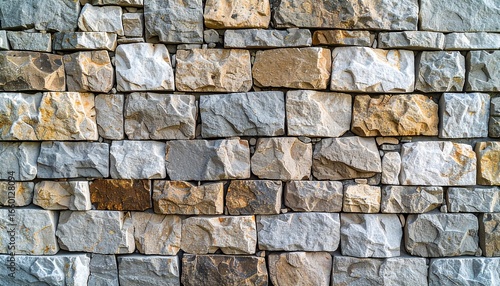 A detailed close-up view of a stone wall, showcasing a pattern of irregular, rectangular blocks in various shades of gray, beige, and brown.