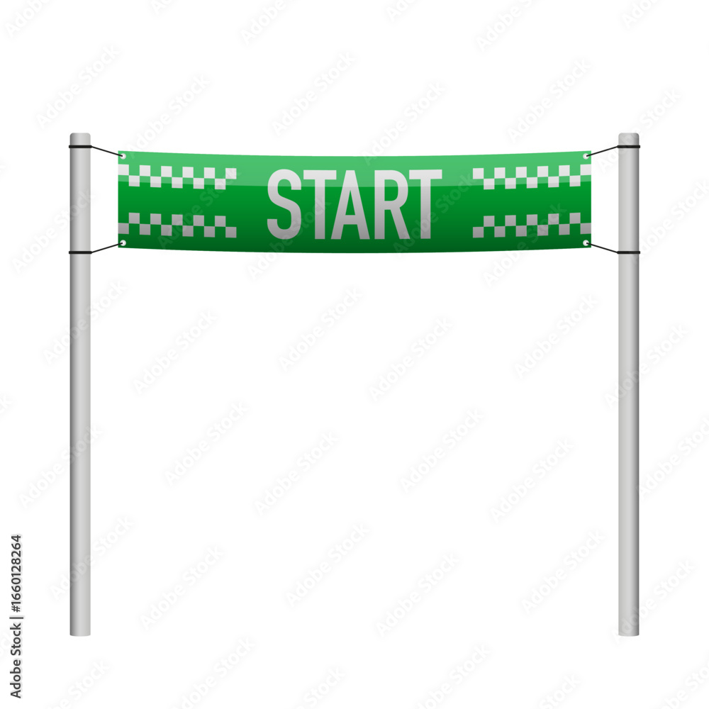 Fototapeta premium Green start banner stretched between two poles, isolated on white. Race beginning concept, sports competition, motivation symbol.