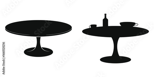 Modern round pedestal tables silhouette with and without dining items including bottle, cup, and bowl isolated on white background