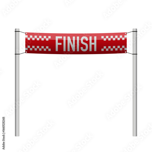 Red finish banner stretched between two poles, isolated on white. Race completion concept, sports achievement, victory symbol.