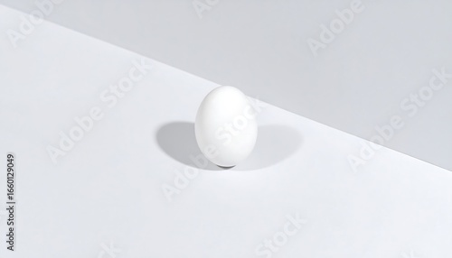 A single, pristine white egg rests on a simple, light gray surface, casting a subtle shadow.