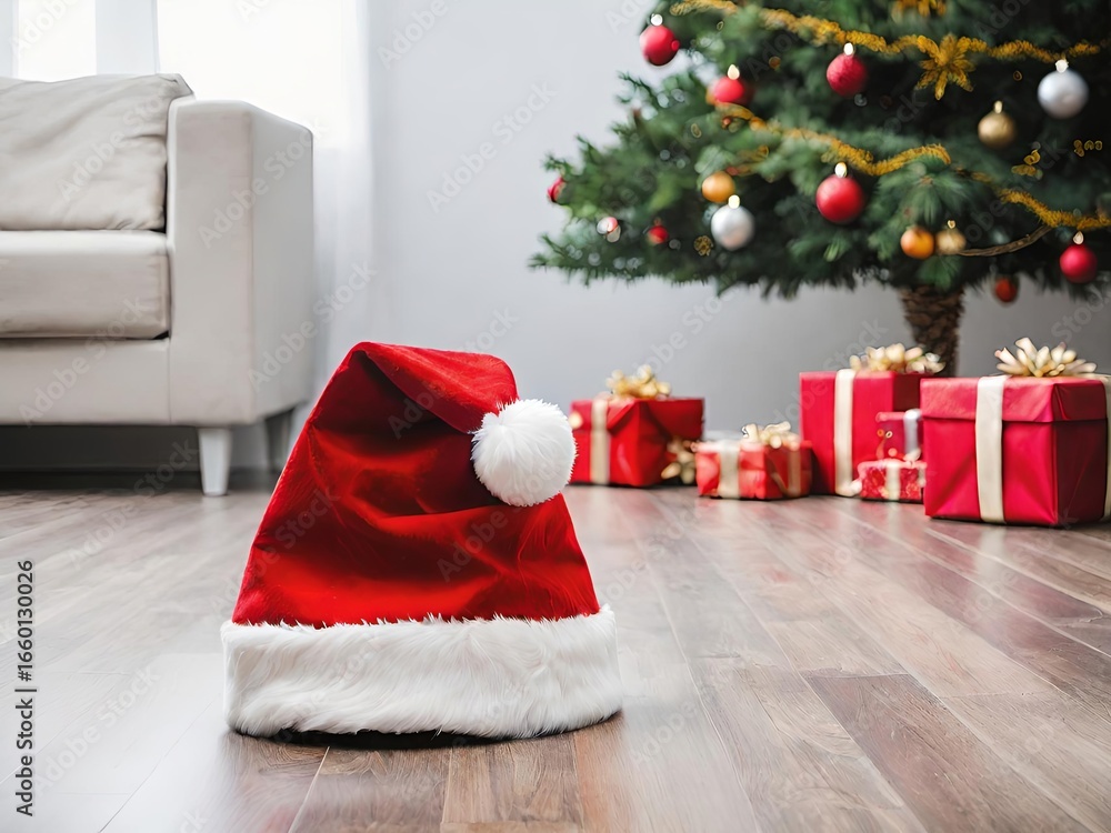 Obraz premium festive christmas scene with decorated tree, wrapped gifts, and santa hat on wooden floor, creating a warm holiday atmosphere indoors